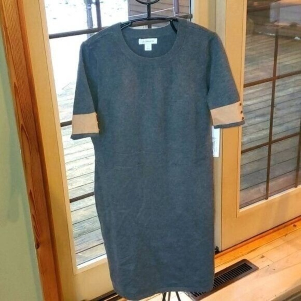 Liz Claiborne Gray Short Sleeve Sweater Dress Tan Button Cuff Size L NEW
